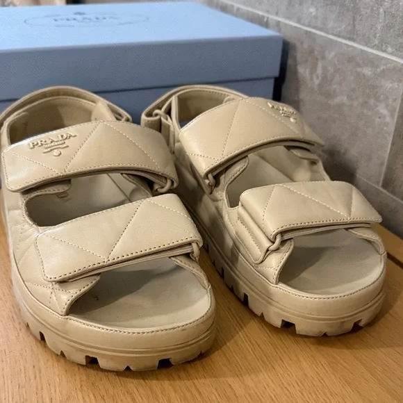 Prada PADDED LEATHER SANDALS / Nappa Double Strap Tan Sandals / IT 38 Camel - Picture 4 of 16